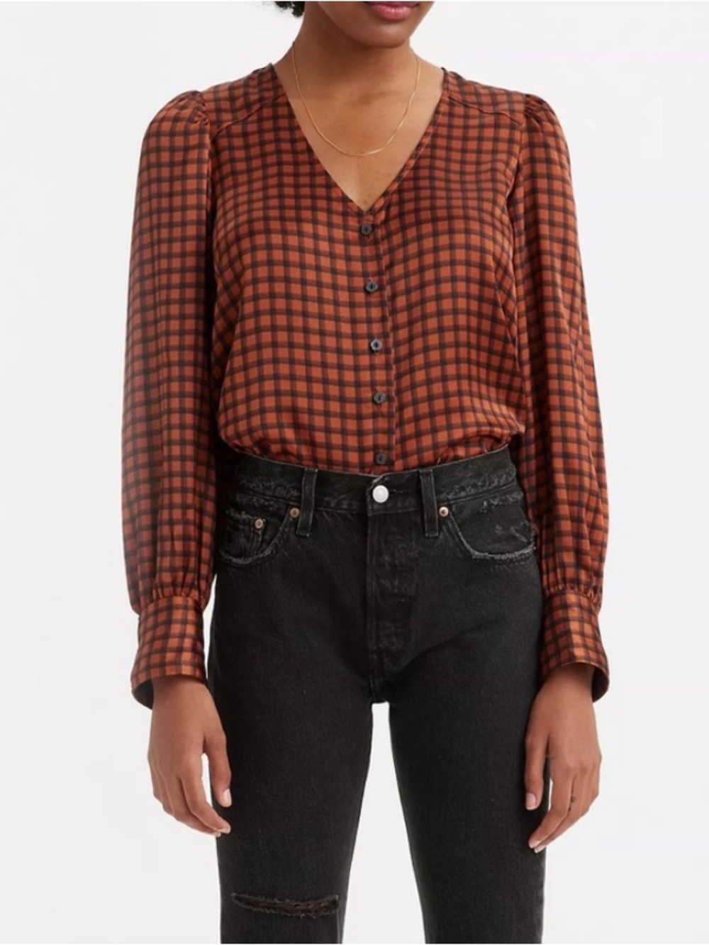 Levi’s Satin Kit Blouse Women’s Size XS Plaid V-neck Button Up Collarless Orange - Picture 2 of 7